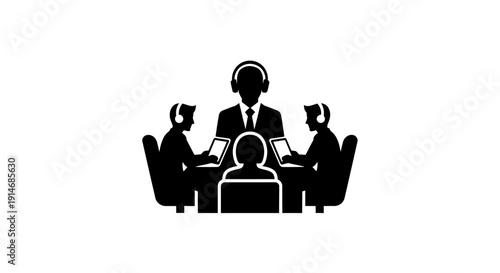 Team Collaboration and Training Icon. Customer support staff or business conference meeting vector silhouette with headsets.