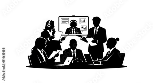 Business Team Video Conference Meeting Silhouette. Professional Strategy and Hybrid Collaboration Icon.