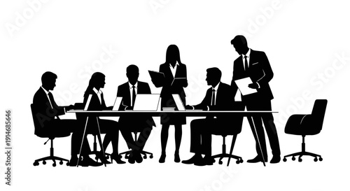 Business Team Meeting Silhouette Vector. Corporate Professionals Collaboration, Working Together, Discussion and Presentation. Black and White Isolated Illustration.
