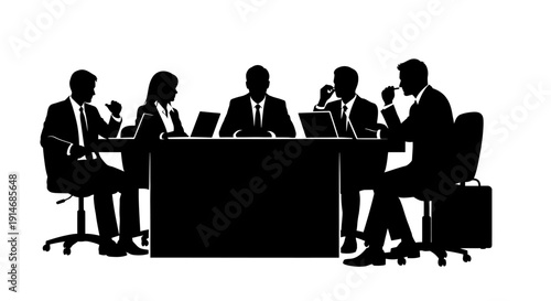 Business Meeting Silhouette: Five Corporate Executives Discussing Strategy and Collaboration at Conference Table