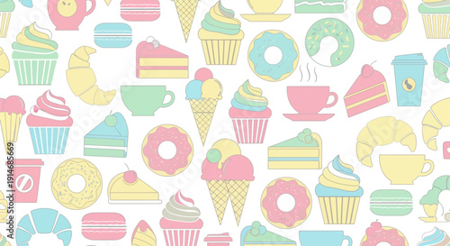 Colorful Pastel Desserts and Beverages Pattern.