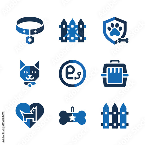 A collection of nine blue and white vector icons illustrating various pet-related items like collars, fences, carriers, and paw prints.