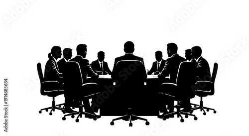 Business Meeting Silhouette Vector. Corporate Board Room Discussion. Team of Executives Sitting at Conference Table.