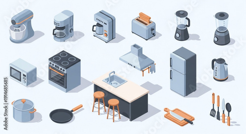 Collection of Isometric Kitchen Appliances and Furniture.
