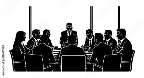 Corporate Business Team Meeting Silhouette. Professional Executive Strategy Discussion. Black and White Vector Illustration.