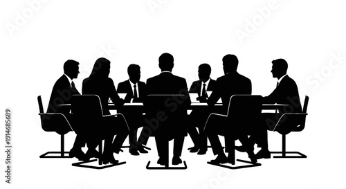 Business Meeting Silhouette Vector: Seven Corporate Professionals Sitting Around a Conference Table, Teamwork, Boardroom Discussion and Collaboration.