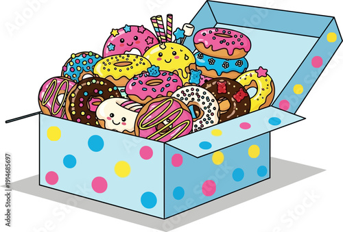 Colorful donuts in a blue polka dot box.