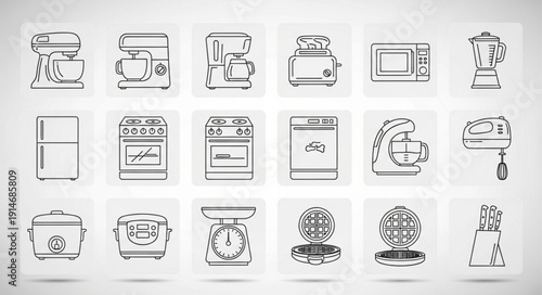 Collection of kitchen appliance line art icons on a white background.