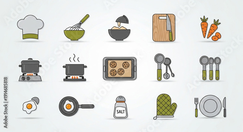 Collection of kitchen and cooking icons and illustrations.