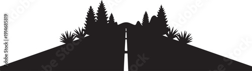 Black silhouette of road with trees and plants on both sides