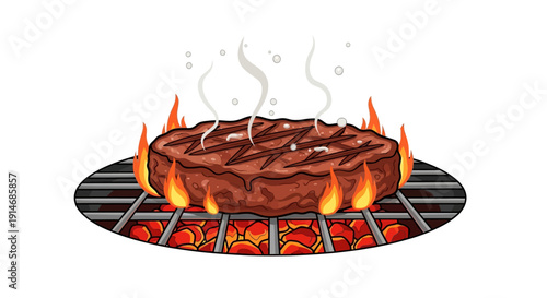 Grilled Steak on a Barbecue Grill with Flames and Smoke.