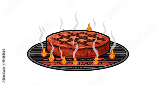 Grilled Steak on a Barbecue Grill with Flames and Smoke.