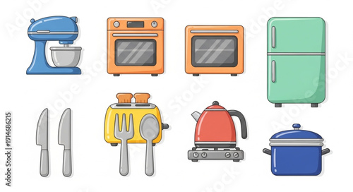 Collection of kitchen appliances and utensils for cooking and baking.
