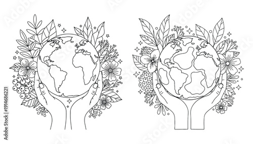 Hands holding earth surrounded by leaves icon - eco-friendly design