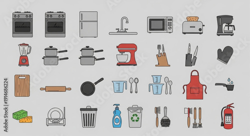 Collection of kitchen appliances and utensils for cooking.
