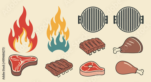 Assorted grilled meat and barbecue elements illustration.