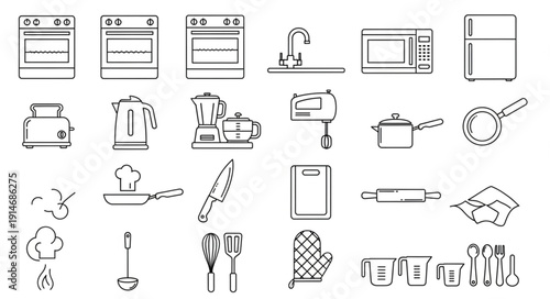 Collection of kitchen appliances and utensils hand-drawn icons.