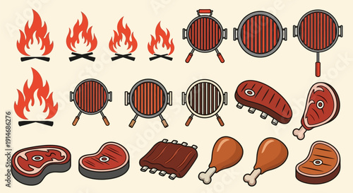 Assorted barbecue elements including grills, flames, and various meats.