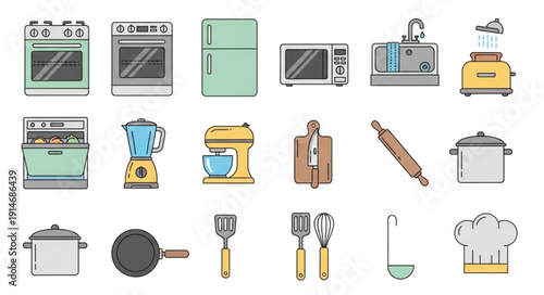 Collection of Kitchen Appliances and Utensils Icons.