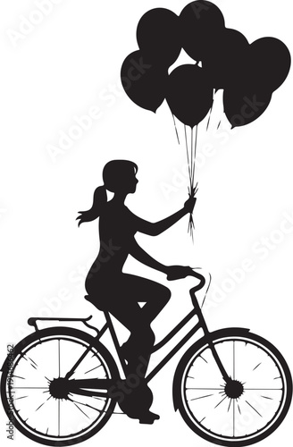 Silhouette of a person riding a bicycle holding black balloons