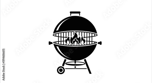 Black and white illustration of a barbecue grill with cooking meat.