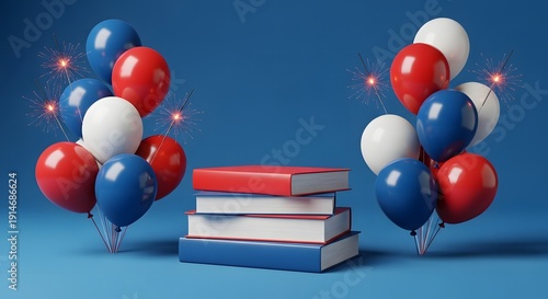 Memorial day tribute with patriotic balloons and books honoring fallen heroes
