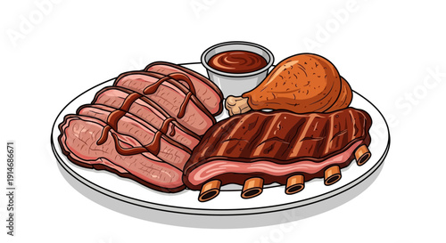 Delicious barbecue meal with sliced meat and chicken.