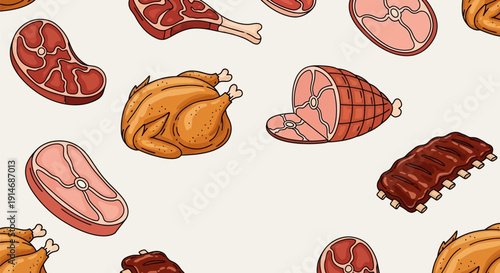 Assorted Meat Cuts and Poultry Illustration Pattern.
