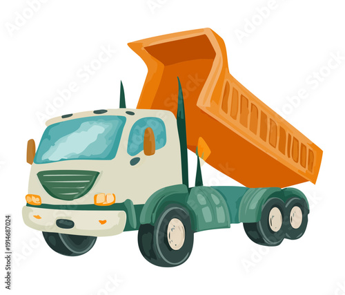 Heavy duty dump truck hauling a massive load of construction rocks for industrial infrastructure and road building transportation