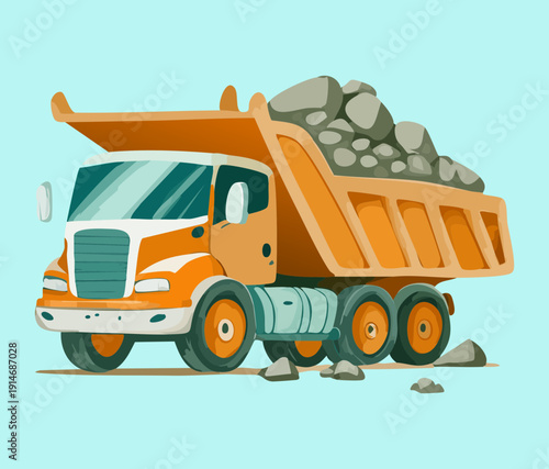 Powerful industrial dump truck carrying heavy soil for large scale earth moving and civil engineering construction transportation tasks