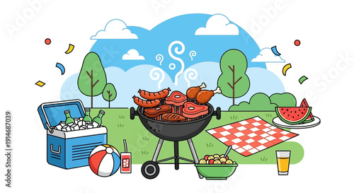 Summer picnic with barbecue and refreshing drinks in a park.