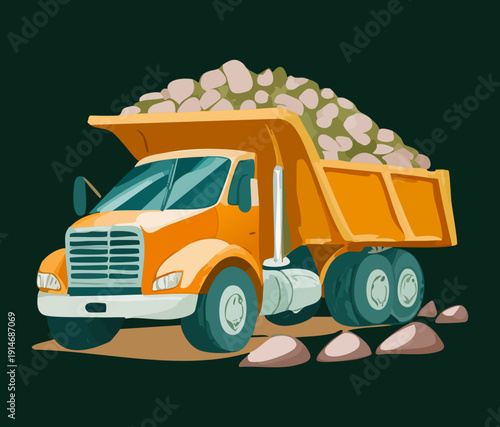 Heavy duty construction truck designed for hauling massive loads of rocks and debris for industrial development and transportation