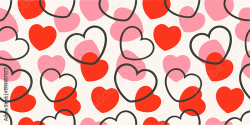 Repeating pattern of red and pink hearts on a white background