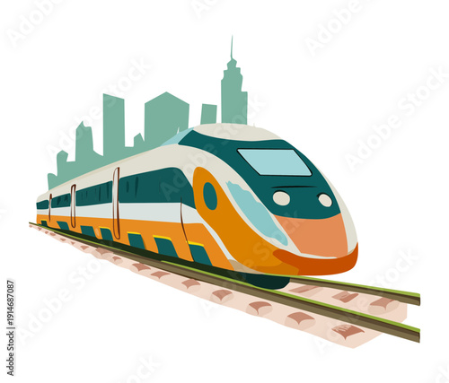 Modern passenger train traveling through a metropolitan city skyline for efficient urban transit and rapid rail travel transportation