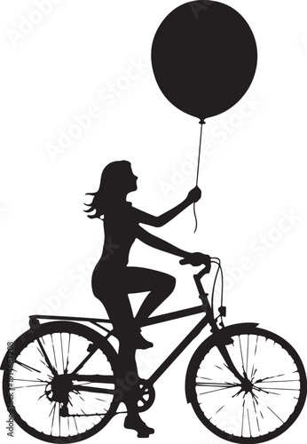 Silhouette of a woman riding a bicycle holding a black balloon