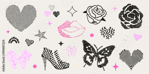A collection of halftone patterned romantic symbols and decorative elements