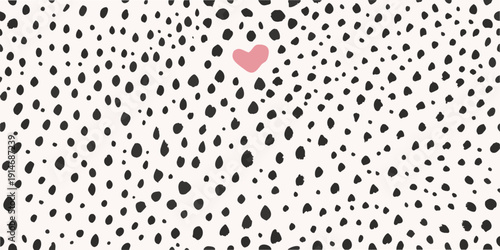 A white background covered in black spots with a centered pink heart