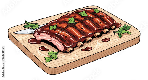 Delicious barbecued pork ribs on a wooden cutting board.