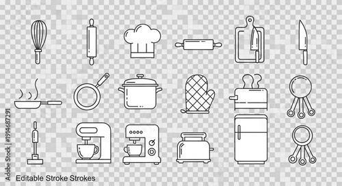 Collection of kitchen utensils and appliances for cooking and baking.