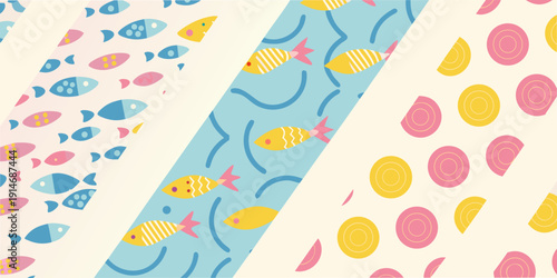 Colorful pattern featuring stylized fish bubbles and circular shapes