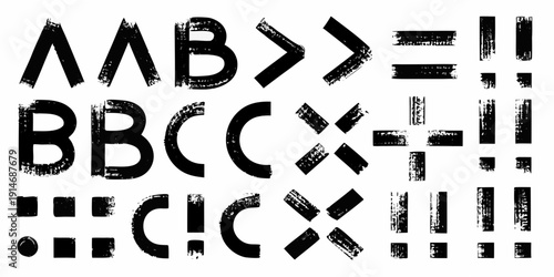 Black and white abstract arrangement of various symbols and letterforms