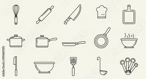 Collection of kitchen utensils and cooking equipment icons.