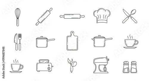 Collection of kitchen utensils and cooking equipment icons.