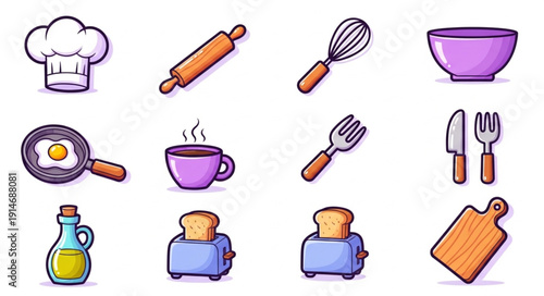Collection of kitchen utensils and cooking icons.