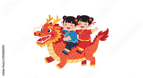 Cute Chinese Children Riding a Joyful Red Dragon Vector Illustration. Happy Asian Kids Celebrating Lunar New Year and Spring Festival.