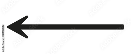 Long left arrow icon, dark black directional arrow symbol isolated on white background, navigation and interface element, minimal flat style, bold geometric vector illustration for web and print.