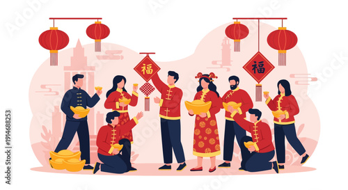 Lunar New Year Celebration Group Illustration. People in traditional red clothing holding gold ingots (Yuanbao), celebrating the Spring Festival with lanterns and prosperity symbols.