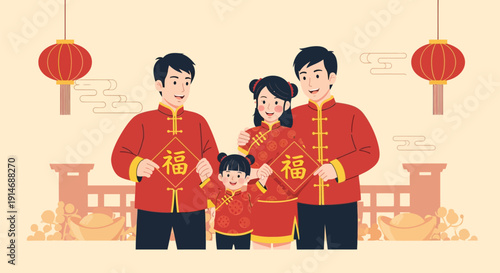 Chinese New Year Family holding Fu characters illustration. Lunar New Year celebration, prosperity, tradition, happiness, red lantern festival.