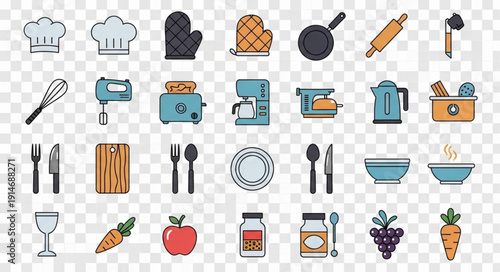 Collection of Kitchen Utensils and Food Icons.