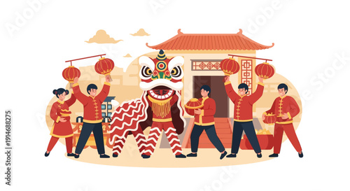 Chinese Lunar New Year Lion Dance Celebration Vector. Traditional performers, red lanterns, and gold coins symbolizing prosperity and good fortune.